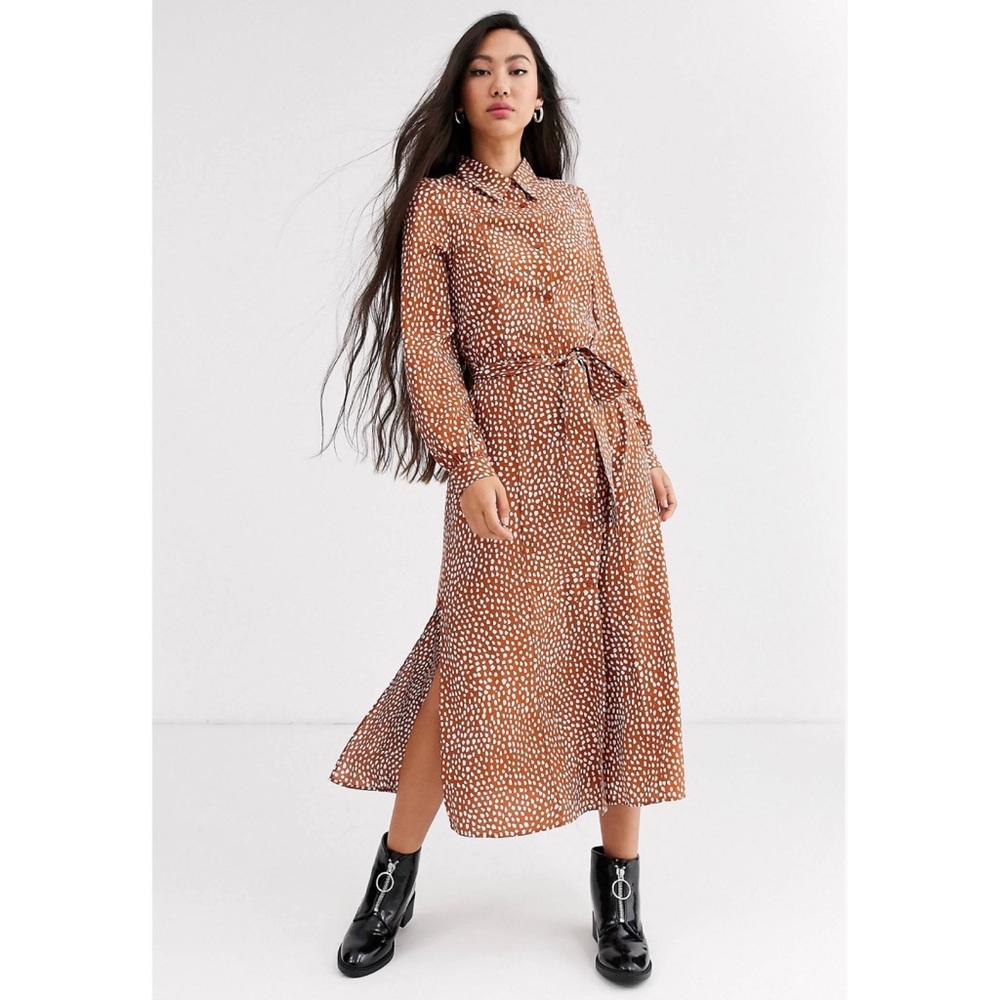 ASOS Tie Waist MIDI Dress in Brown Polka Dot